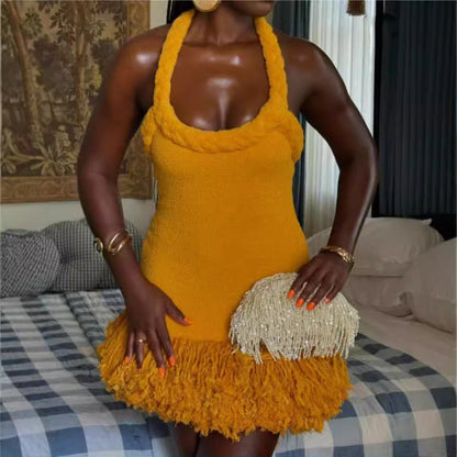 Autumn Winter Hand Woven Twine Rope Shoulder Strap Tassel Dress Swing Short Dress