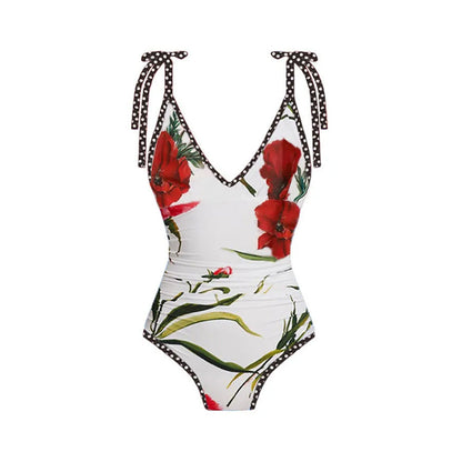 Printing One Piece Women Swimwear French Retro Cover Belly Slimming Swimsuit Chiffon Sand