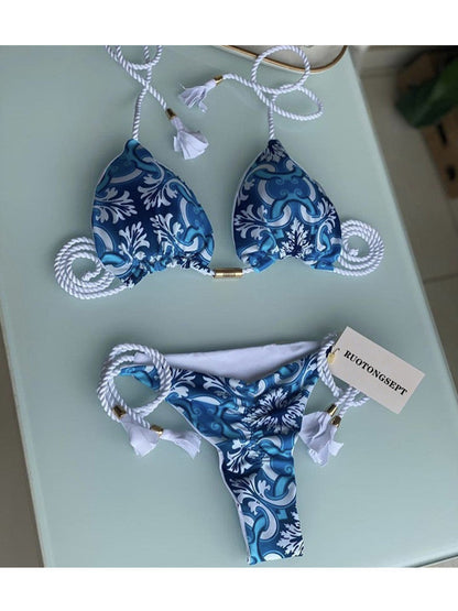 Bikini Soft Bag Low Waist Braid Rope Printed Women Seperated Swimwear Multi Color Swimsuit