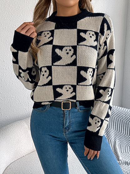 Autumn Winter Halloween Plaid Lantern Long Sleeve Pullover Women Clothing