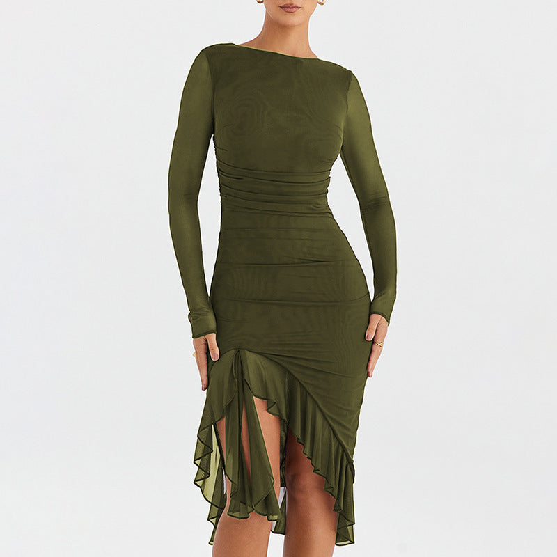 Autumn Sexy Trend Round Neck Slim Fit Long Sleeved Mesh Stitched Backless Sheath Dress