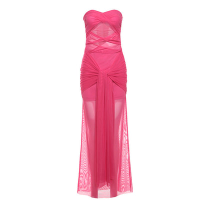 Spring Women Clothing Sexy Tube Top off Neck See through Tied Slim Fit Dress for Women