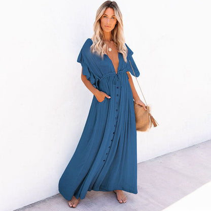 Single Breasted Waist Pull-Belt Beach Cover-up Sexy Backless Holiday Skirt Bikini Swimsuit Blouse