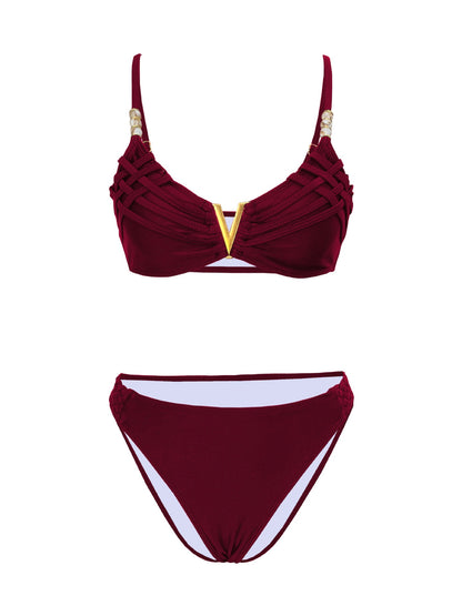 Solid Color Backless Sexy Split Swimsuit Women Bikini Woven