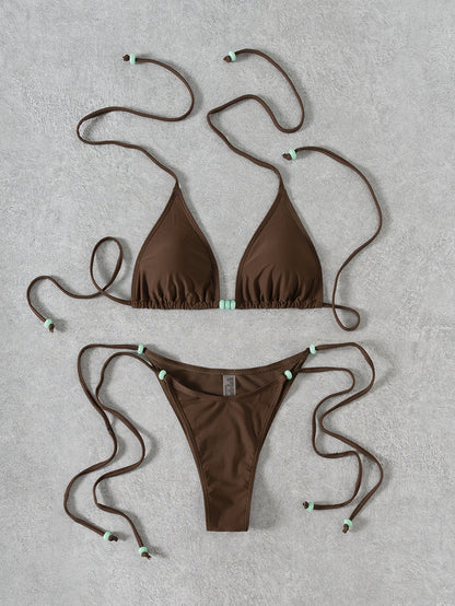 Bikini Solid Color Beaded Lace up Sexy Split Bikini Swimsuit Swimwear Women