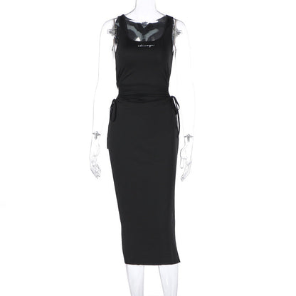 Women Clothing Summer Solid Color U Collar Lace up Cutout Sexy Slit Tight Dress