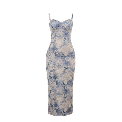 Chest Showing Printing Slip Dress Women Spring Elegant Vacation Dress