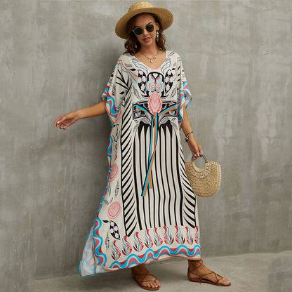 Rayon Positioning Printing Beach Cover Up V Neck Robe Vacation Skirt Bikini Cover