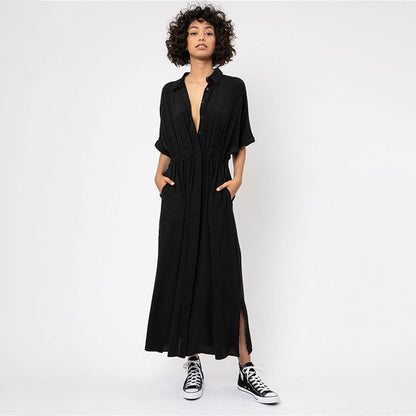 Solid Color Sexy Deep V-neck Single Breasted Beach Sun Protection Shirt Vacation Dress Beach Cover Up