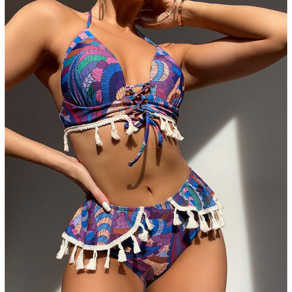 Printed Brazilian Ethnic Halter Lace up Tassel Bikini Women Swimsuit