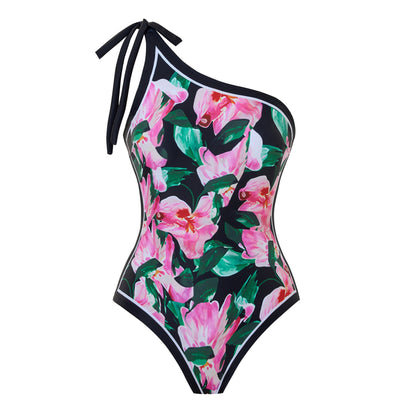 Sexy Swimsuit Women Siamese Triangle Shoulder Polyester Printed Lace up Swimsuit