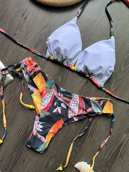 Bikini Digital Printed Sexy Lace Up Halterneck Triangle Split Swimsuit Women