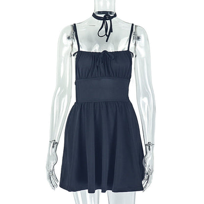 Simple Women Pleated Solid Color A line Dress Backless Lace up Boat Neck Short Dress