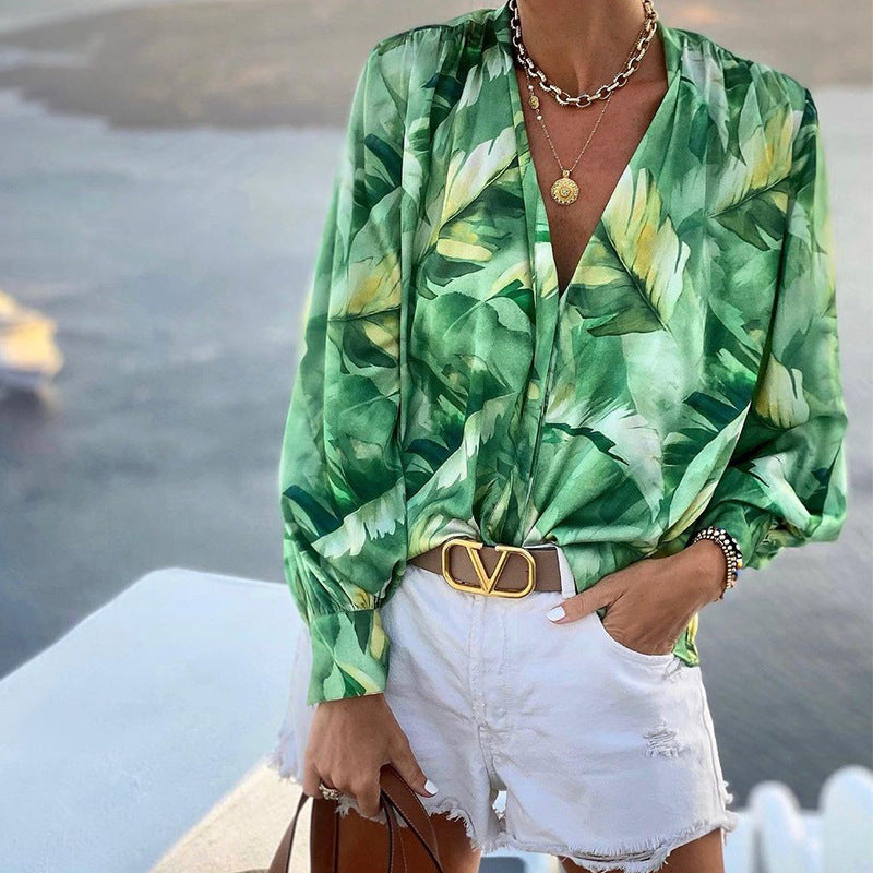 Fall Women Clothing V neck Long Sleeve Bohemian Printed Top Casual Shirt