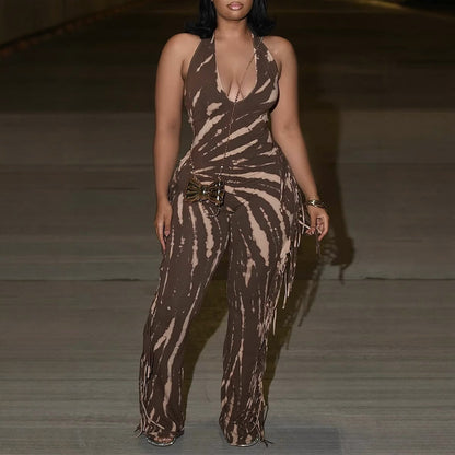 Elegant Sexy Slim Fit Stretch Backless Tassel Printed Halter Strap Micro Pull Jumpsuit