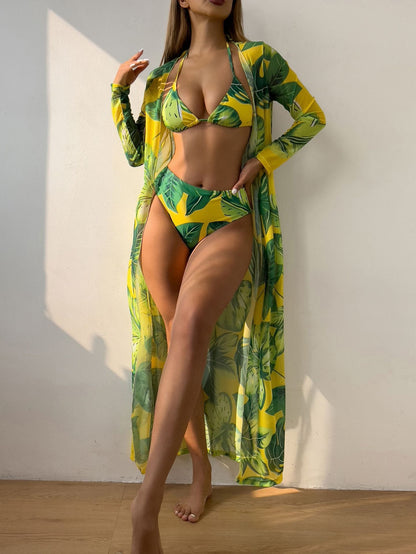 Printed Three Piece Set Mesh Shawl Bikini Swimsuit Swimwear
