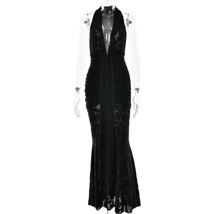 Lace Pleated Maxi Dress Women Sexy Deep V Plunge neck Backless Sheath Dress