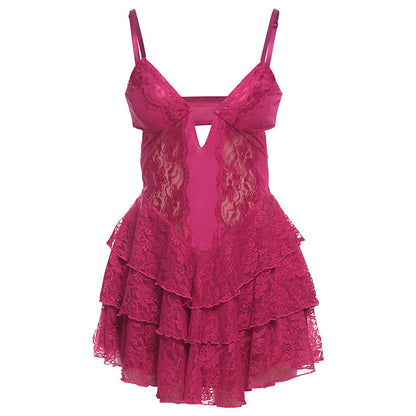 Spring Women Clothing Sexy V neck Lace Mesh Patchwork Backless Strap Dress Women