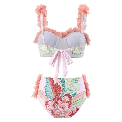 Three Piece Set Swimsuit Customized Printed Steel Bracket Push up Petals Gauze Skirt Swimsuit Women