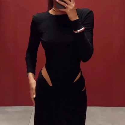 Women Clothing Spring Graceful Fashionable Long Sleeve Hollow Out Cutout Solid Color Dress