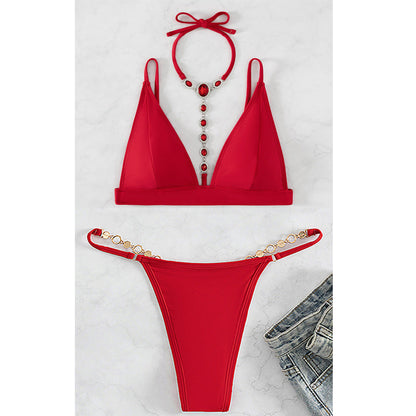 Popular Crystal Halter Swimsuit Women Sexy Pearl T Back Beach Bikini