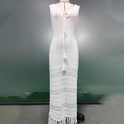 Summer Beach Dress Women Solid Color Spaghetti Straps Knitted Hollow Out Cinched Tassel Midi Dress Swimsuit Blouse Crochet hook