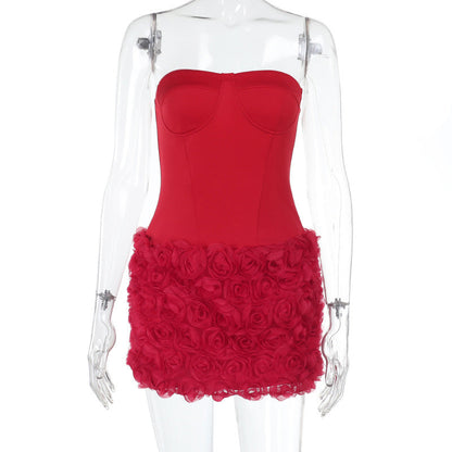 Spring Dress Socialite Elegant Sexy Three Dimensional Floral Texture Tube Top Dress