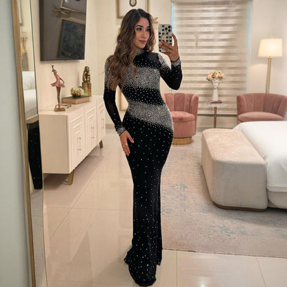 Half Turtleneck Sexy Sheath Maxi Dress Party Rhinestone
