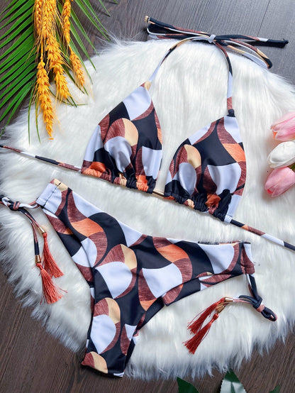 Printed Split Bikini Swimsuit Sexy Braid Rope Triangle Women Swimsuit Swimming Set