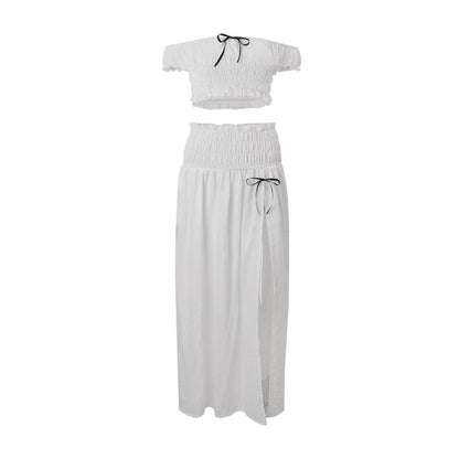 Women Clothing Summer Sexy Vacation off Neck Pleated Top Split Skirt Set