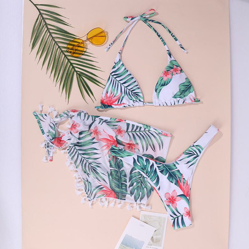 Sexy Seamless Print Split Swimsuit Three-piece Set Halter Lace-up Bikini