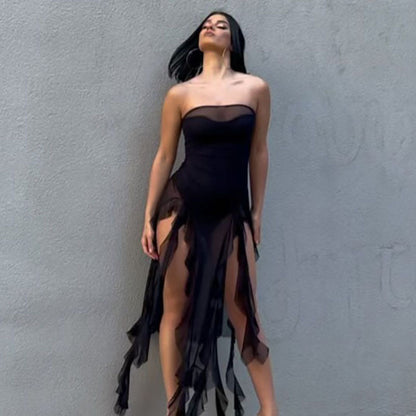 Spring Summer Women Mesh Sexy Personalized Irregular Asymmetric Slit Tassel Tube Top Jumpsuit Women