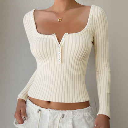 Fall Half Open U Collar Sweater Long Sleeve Button Elegant Slim Fit Slimming Top