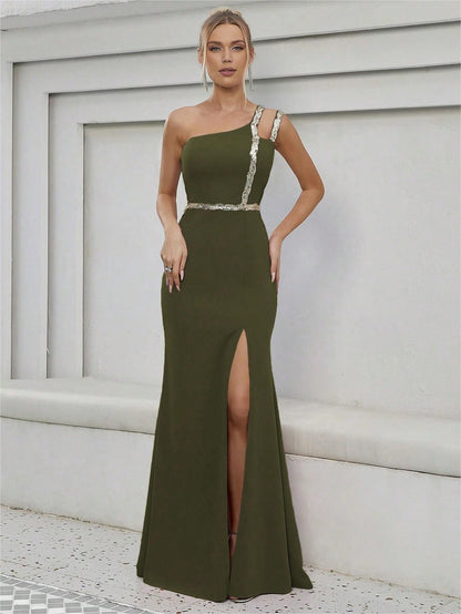 One Shoulder Evening Dress Metal Ribbon Slit Large Swing Evening Dress Dance Dress Party Dress Bridesmaid Dress Summer