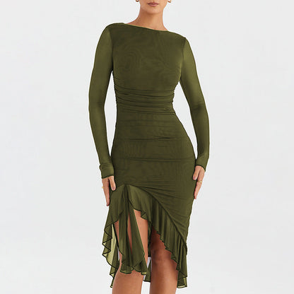 Autumn Sexy Trend Round Neck Slim Fit Long Sleeved Mesh Stitched Backless Sheath Dress