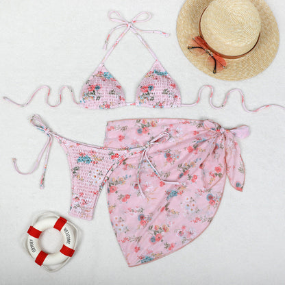Printed Bikini Three Piece Gauze Skirt Split Sexy Vacation Bikini Swimsuit