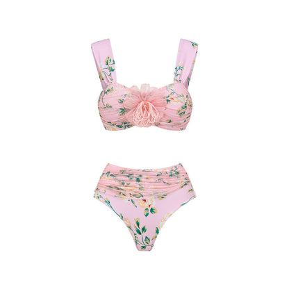 Floral Decorative Mesh Split Swimsuit Women High Waist Bikini Umbrella Skirt