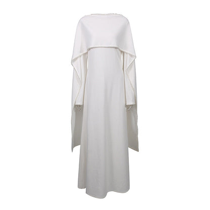 Elegant Solid Color Retro Heavy Industry Beautiful Pearl Shawl High Waist Dress Women