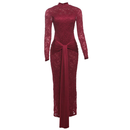 Women Clothing Autumn Lace Sexy See through Hollow Out Cutout Slim round Neck Backless Long Sleeves Dress Women