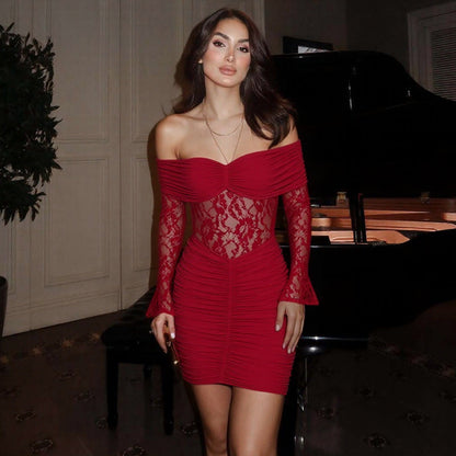 Sexy Tube Top Sleeve Stitching Lace See through Ruffle Hip Short Dress