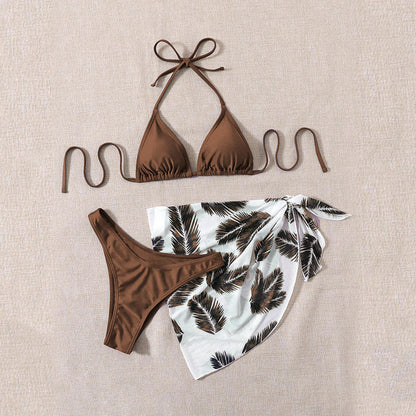 Printed Halter Lace up Bikini Three Piece High Waist Mesh Split Swimsuit