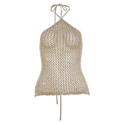 Spring Women Woolen Hollow Out Cutout Sexy Halter Lace up Backless Top for Women