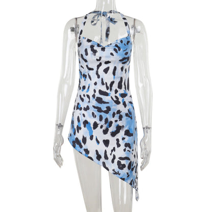 Socialite Elegant Sexy Irregular Asymmetric Leopard Print Halter Dress Women Autumn