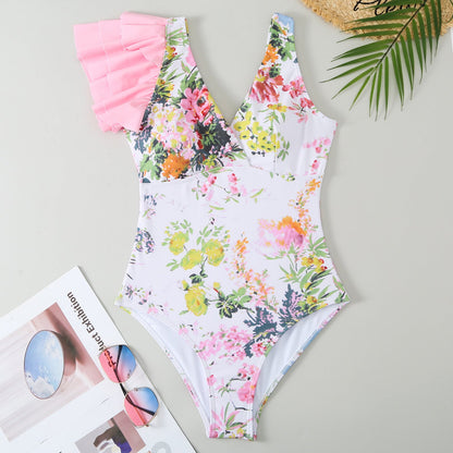 Ruffled One Piece Swimsuit Women Retro Swimsuit Bikini Mesh Beach Skirt Set