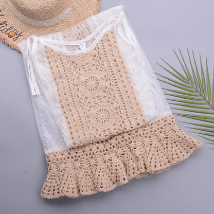 Beach Vacation Hollow Out Cutout out Long Hanging Tassel Beach Mesh Blouse Sun Protection Sling Dress