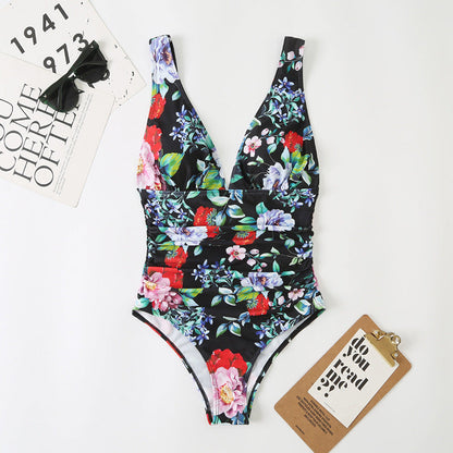 One Piece Women Triangle High Waist Multi Color Printed Swimsuit Domestic Conservative Swimsuit Swimwear
