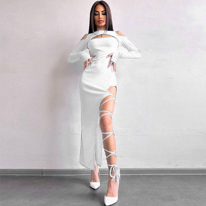 Sexy Leggings Split Dress Autumn Women Clothing Solid Color Long Sleeve Hollow Out Cutout Dress