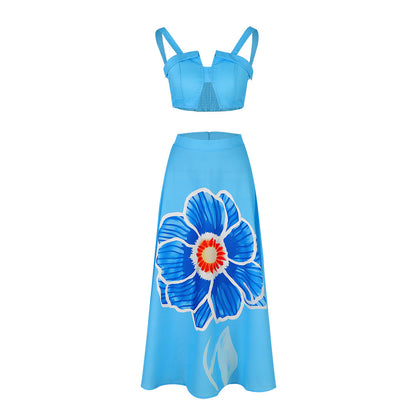 Retro Large Printed Beach Skirt Set Sexy Split Two Piece Sets