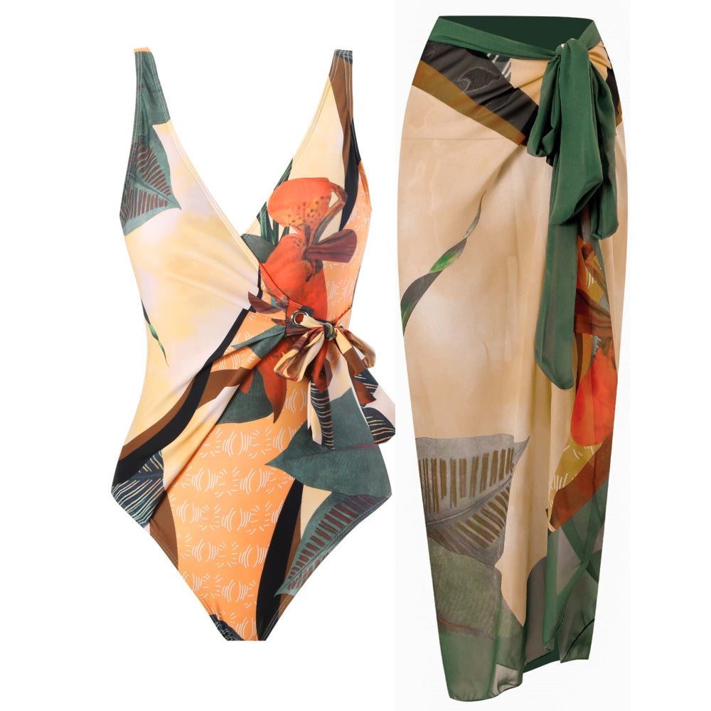 Siamese Conservative Cover Belly Backless Sexy Swimsuit Women Suit Chiffon Beach Skirt