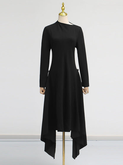 Simple Solid Color Dress Spring High Grade Waist Slimming Irregular Asymmetric Dress Women